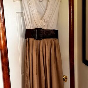 White and Tan Dress with Brown Belt